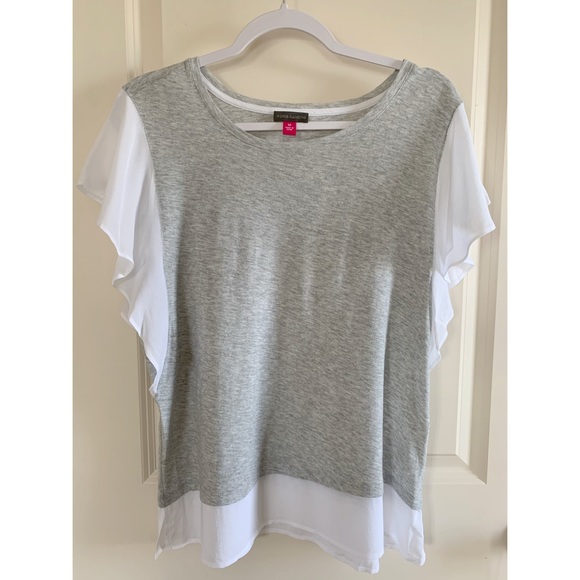 Vince Camuto Mixed Media Flutter Sleeve Top, Gray and White, Medium - Picture 1 of 7